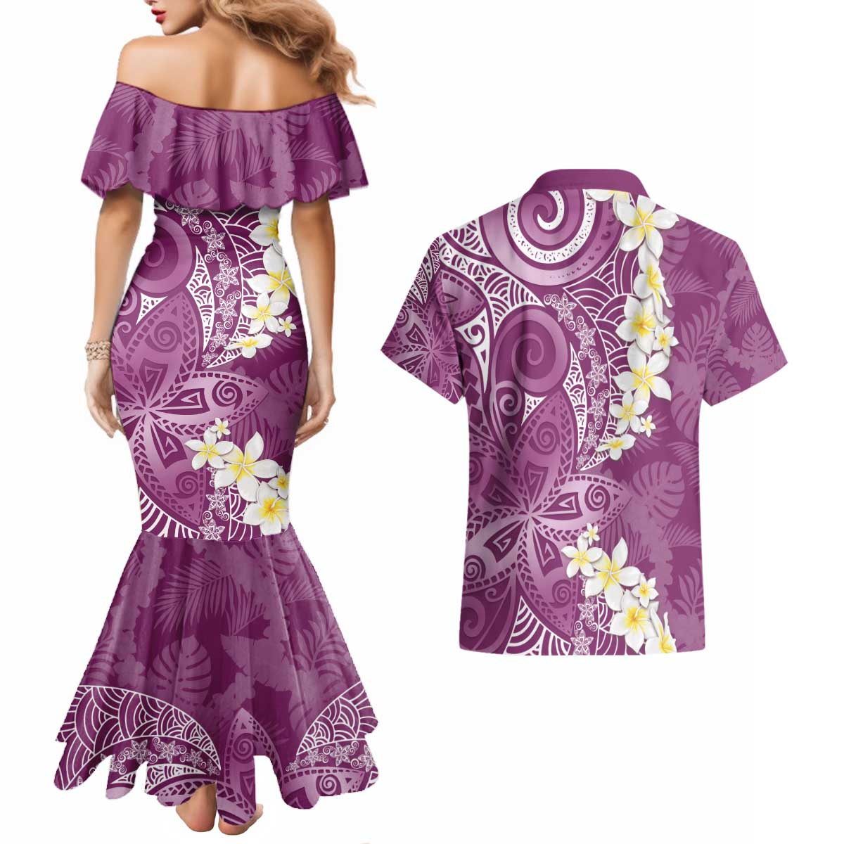 Pink Polynesian Tribal Frangipani Tropical Vibe Couples Matching Mermaid Dress and Hawaiian Shirt