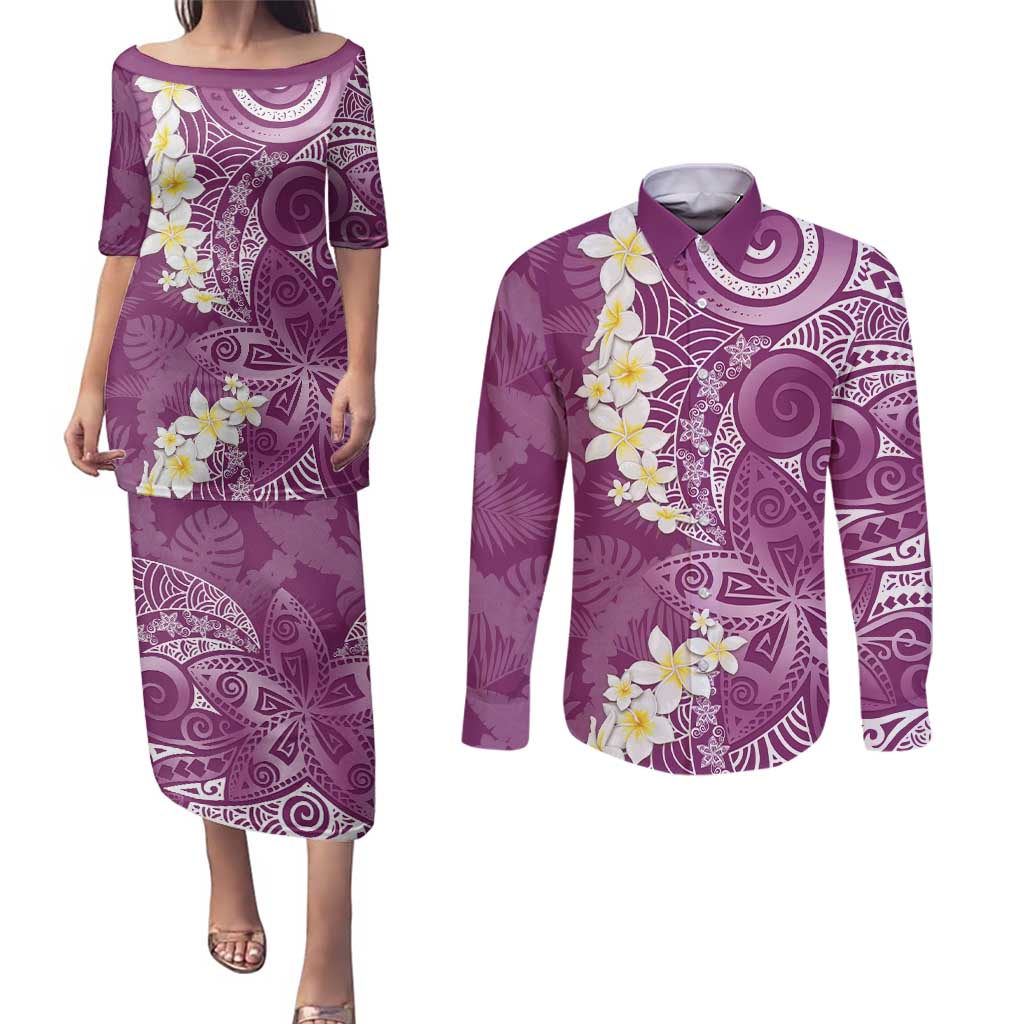 Pink Polynesian Tribal Frangipani Tropical Vibe Couples Matching Puletasi and Long Sleeve Button Shirt LT14 Pink - Polynesian Pride