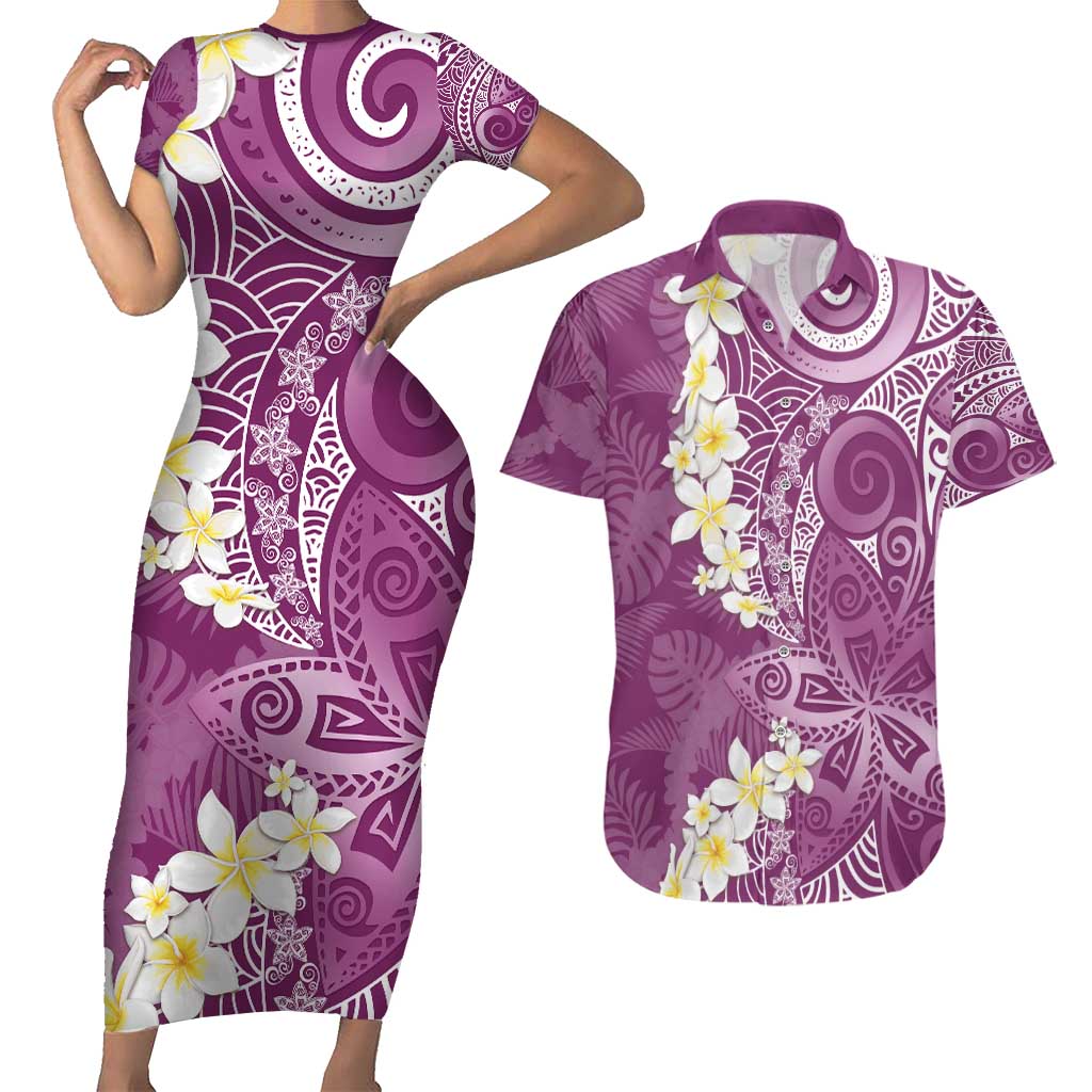 Pink Polynesian Tribal Frangipani Tropical Vibe Couples Matching Short Sleeve Bodycon Dress and Hawaiian Shirt LT14 Pink - Polynesian Pride