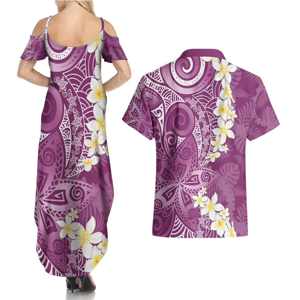 Pink Polynesian Tribal Frangipani Tropical Vibe Couples Matching Summer Maxi Dress and Hawaiian Shirt
