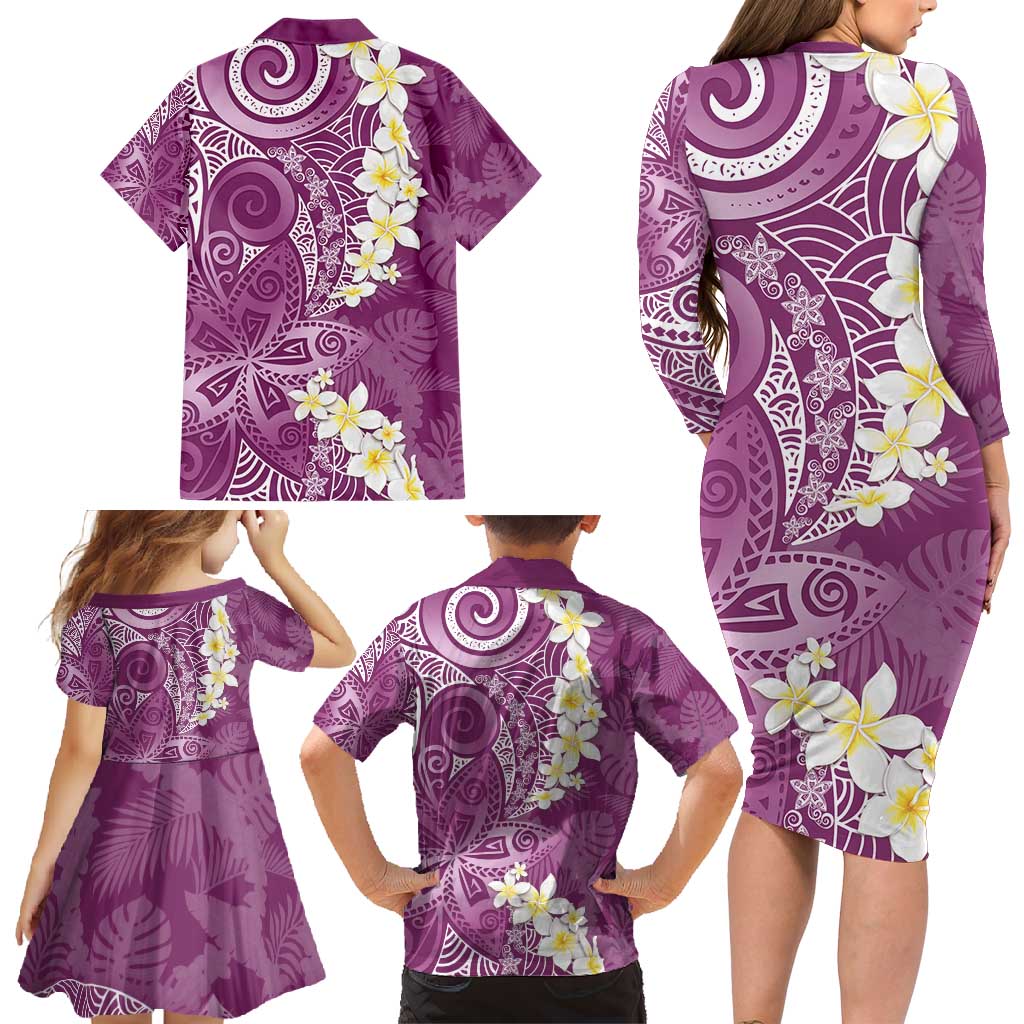 Pink Polynesian Tribal Frangipani Tropical Vibe Family Matching Long Sleeve Bodycon Dress and Hawaiian Shirt