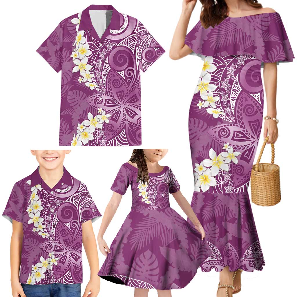 Pink Polynesian Tribal Frangipani Tropical Vibe Family Matching Mermaid Dress and Hawaiian Shirt