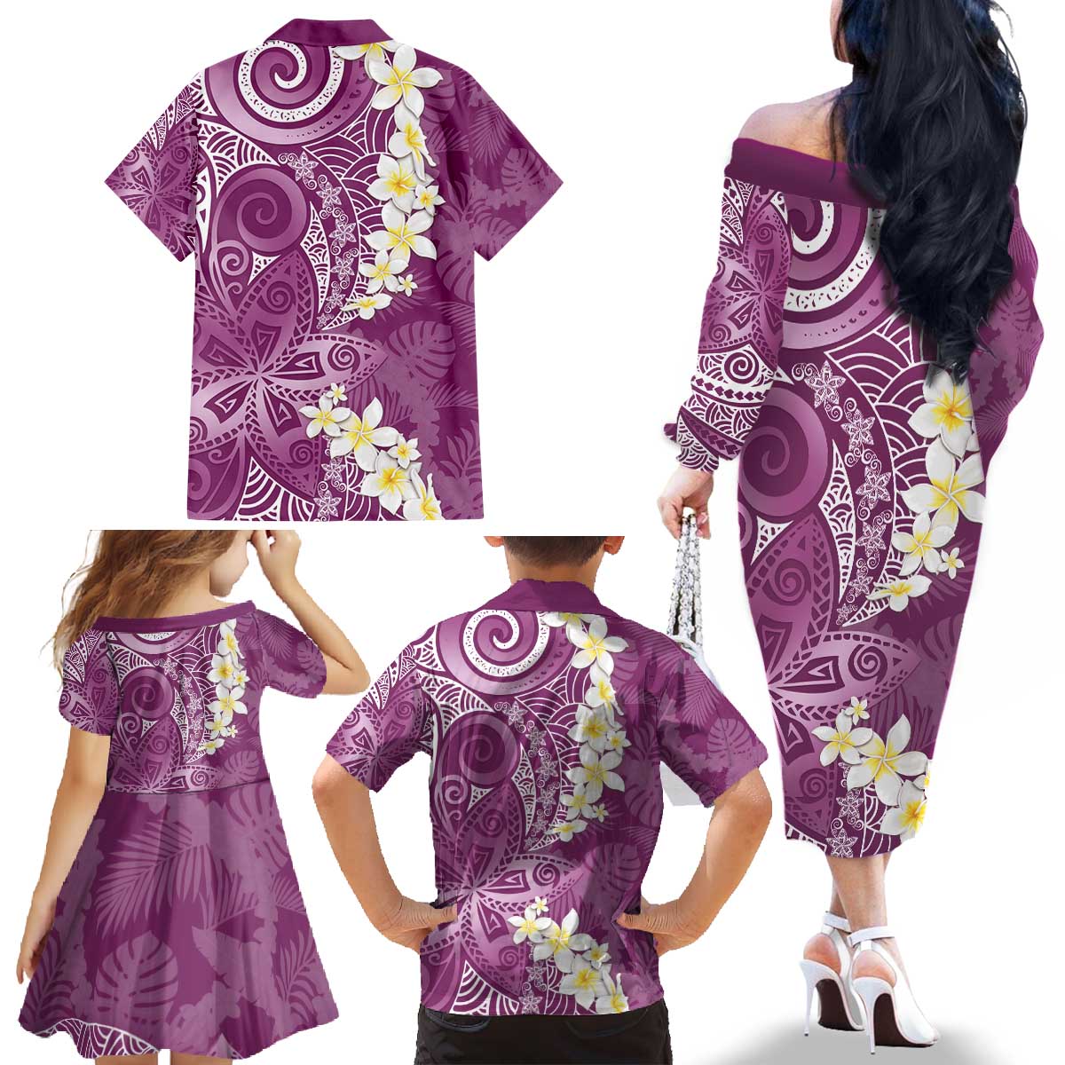 Pink Polynesian Tribal Frangipani Tropical Vibe Family Matching Off The Shoulder Long Sleeve Dress and Hawaiian Shirt
