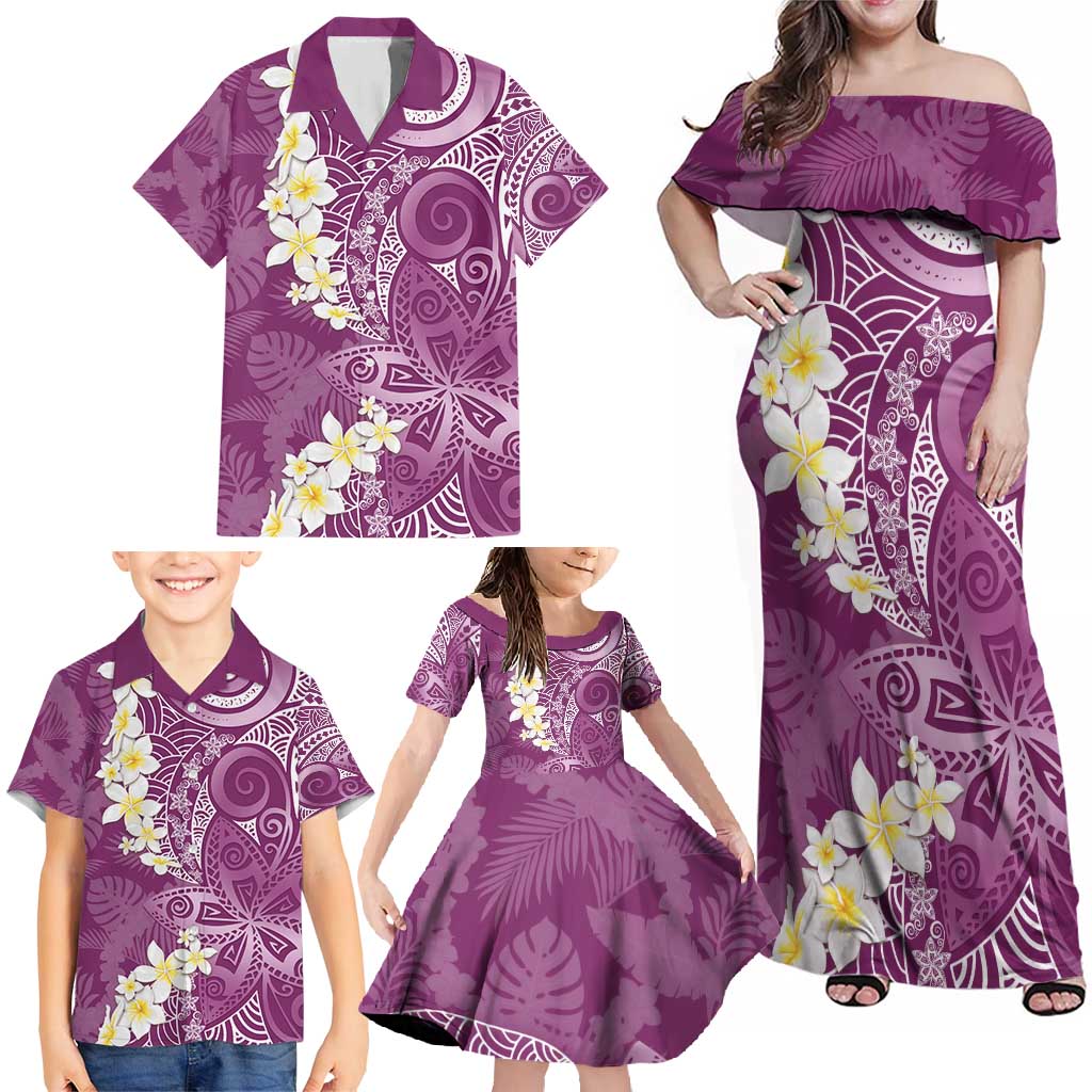 Pink Polynesian Tribal Frangipani Tropical Vibe Family Matching Off Shoulder Maxi Dress and Hawaiian Shirt