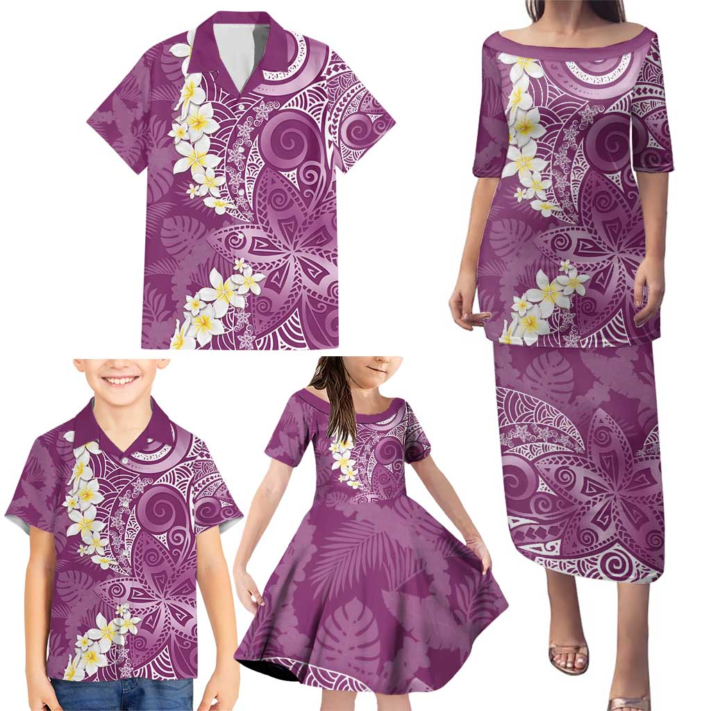 Pink Polynesian Tribal Frangipani Tropical Vibe Family Matching Puletasi and Hawaiian Shirt