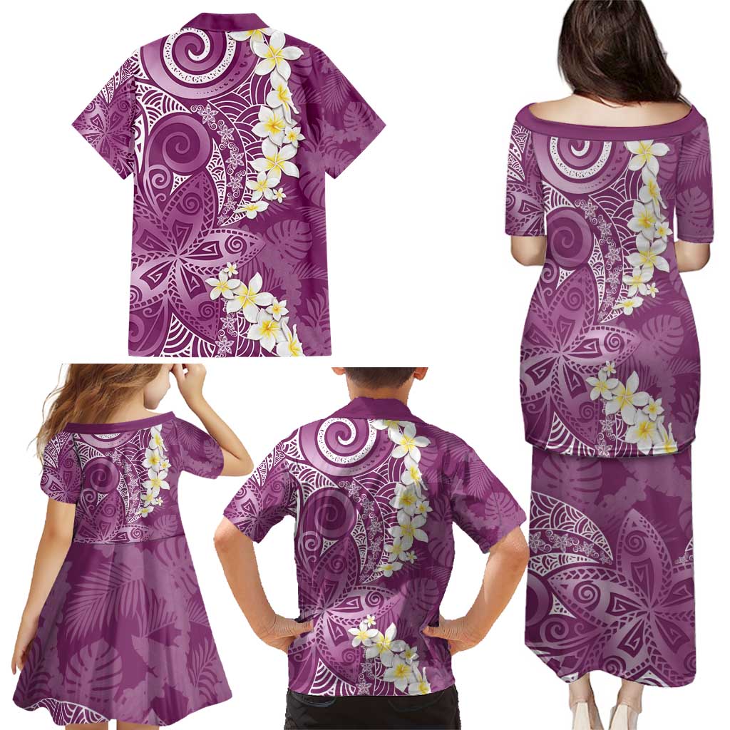 Pink Polynesian Tribal Frangipani Tropical Vibe Family Matching Puletasi and Hawaiian Shirt