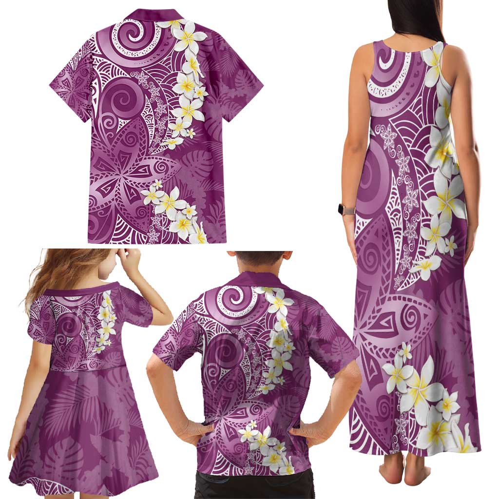 Pink Polynesian Tribal Frangipani Tropical Vibe Family Matching Tank Maxi Dress and Hawaiian Shirt