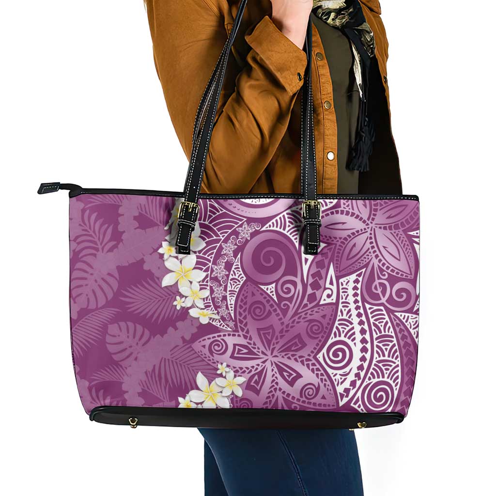 Pink Polynesian Tribal Frangipani Tropical Vibe Leather Tote Bag LT14 - Polynesian Pride