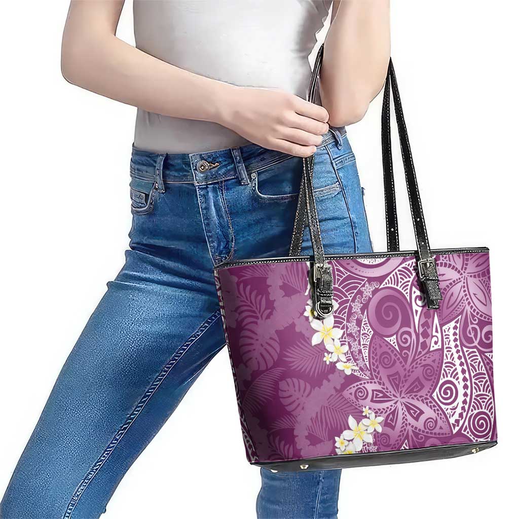 Pink Polynesian Tribal Frangipani Tropical Vibe Leather Tote Bag LT14 - Polynesian Pride