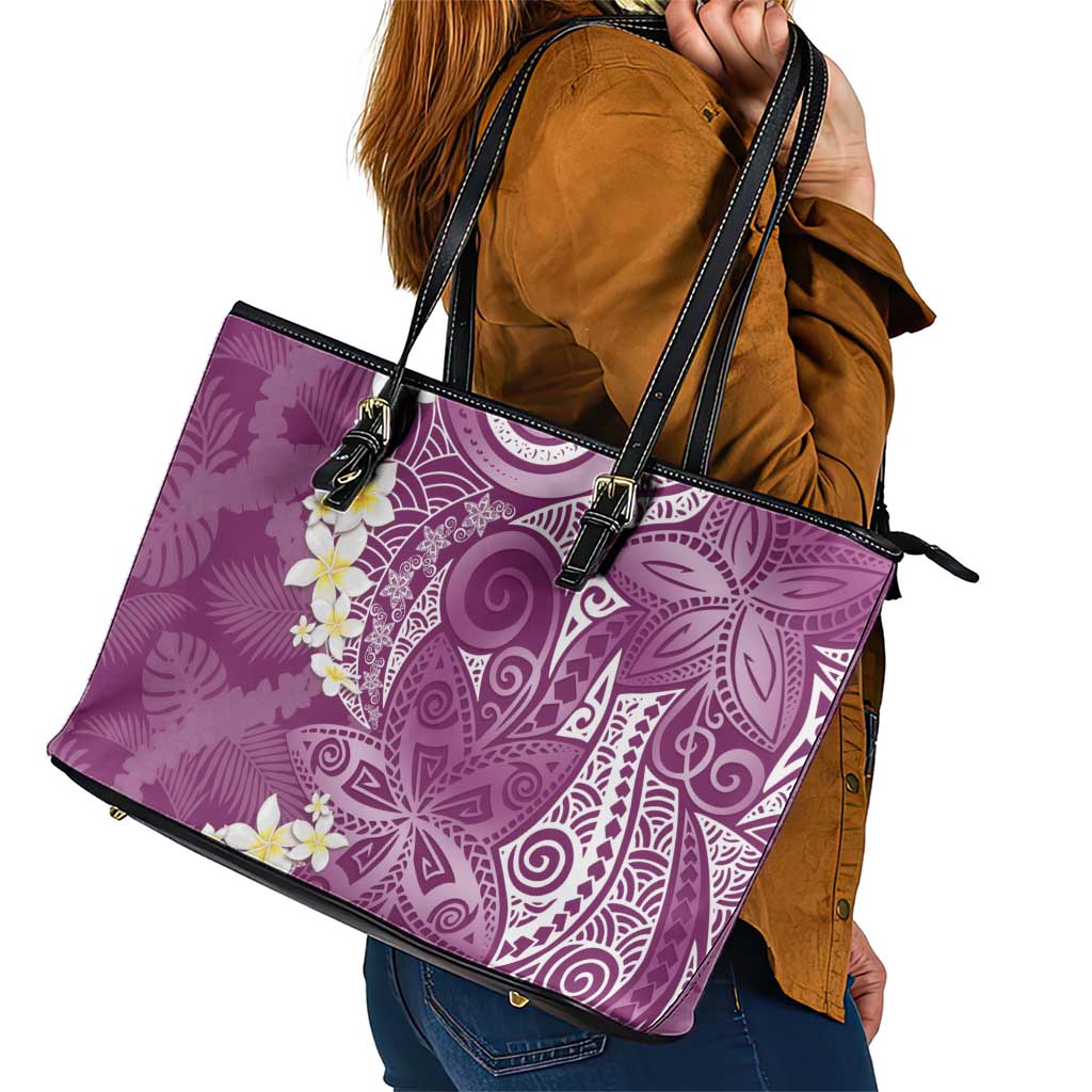 Pink Polynesian Tribal Frangipani Tropical Vibe Leather Tote Bag LT14 - Polynesian Pride