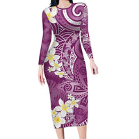 Pink Polynesian Tribal Frangipani Tropical Vibe Long Sleeve Bodycon Dress