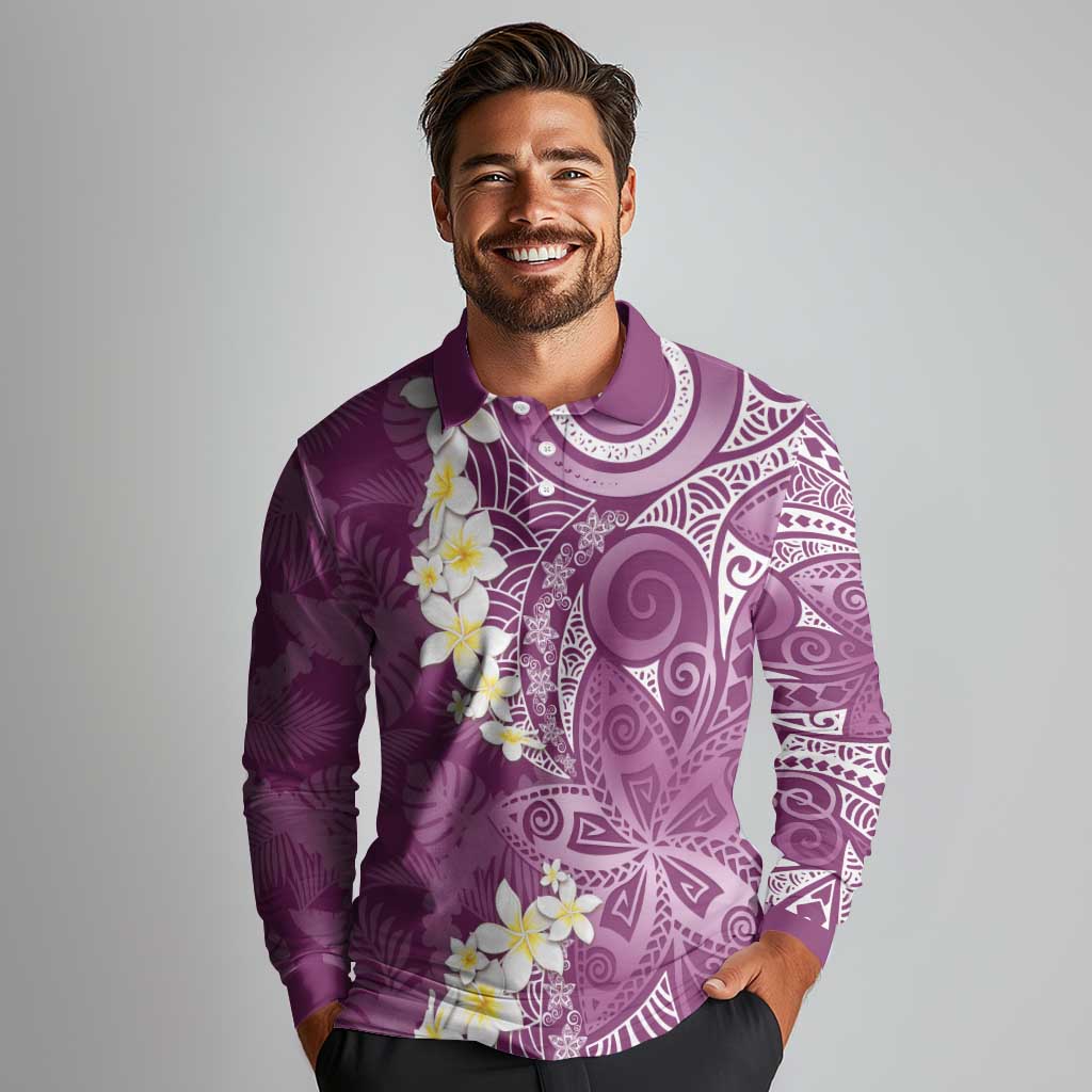 Pink Polynesian Tribal Frangipani Tropical Vibe Long Sleeve Polo Shirt