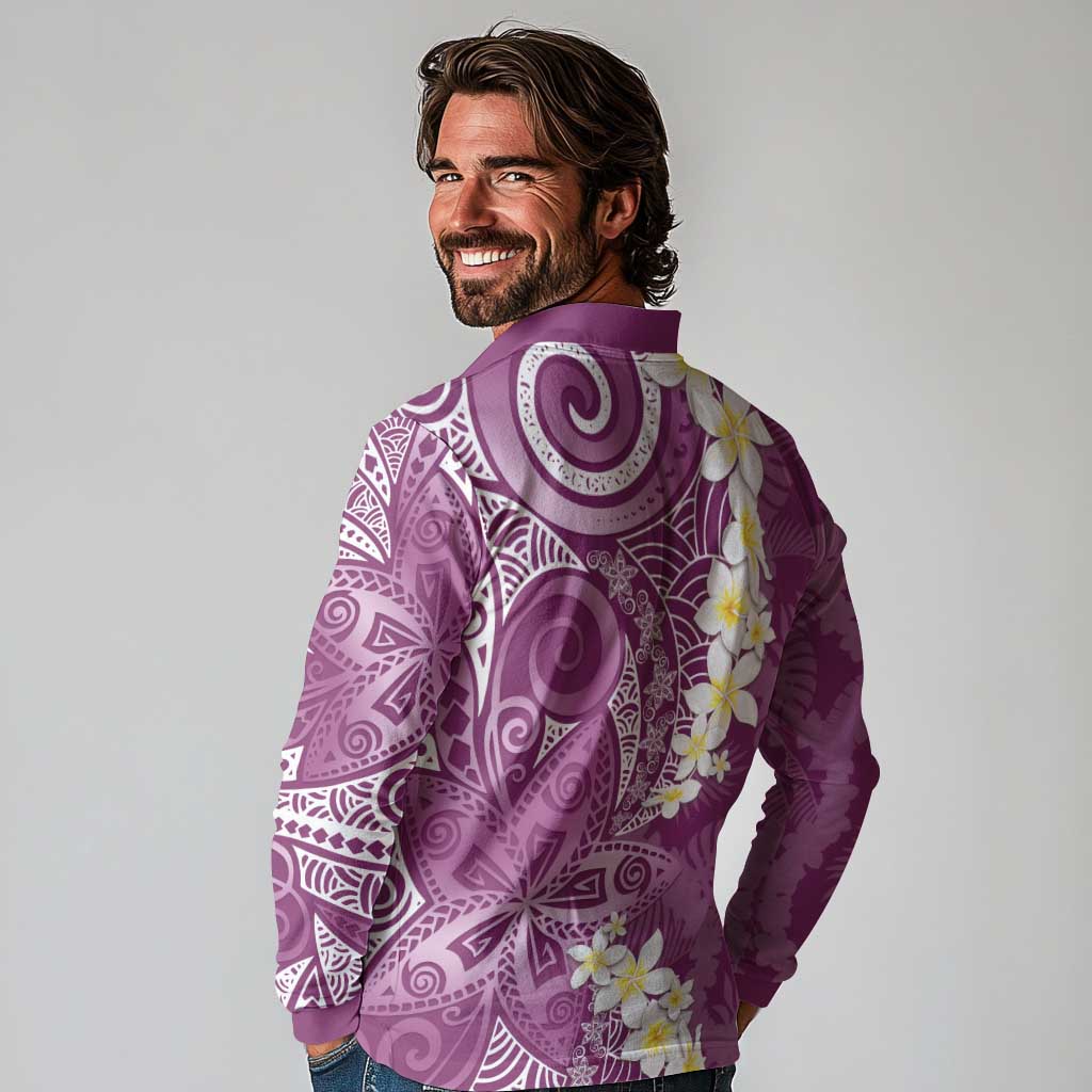 Pink Polynesian Tribal Frangipani Tropical Vibe Long Sleeve Polo Shirt