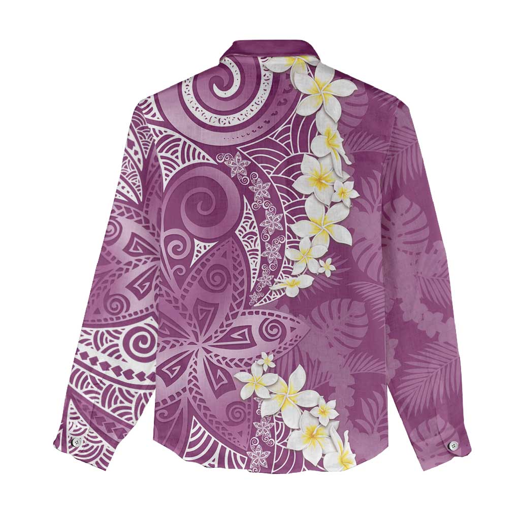 Pink Polynesian Tribal Frangipani Tropical Vibe Women Casual Shirt