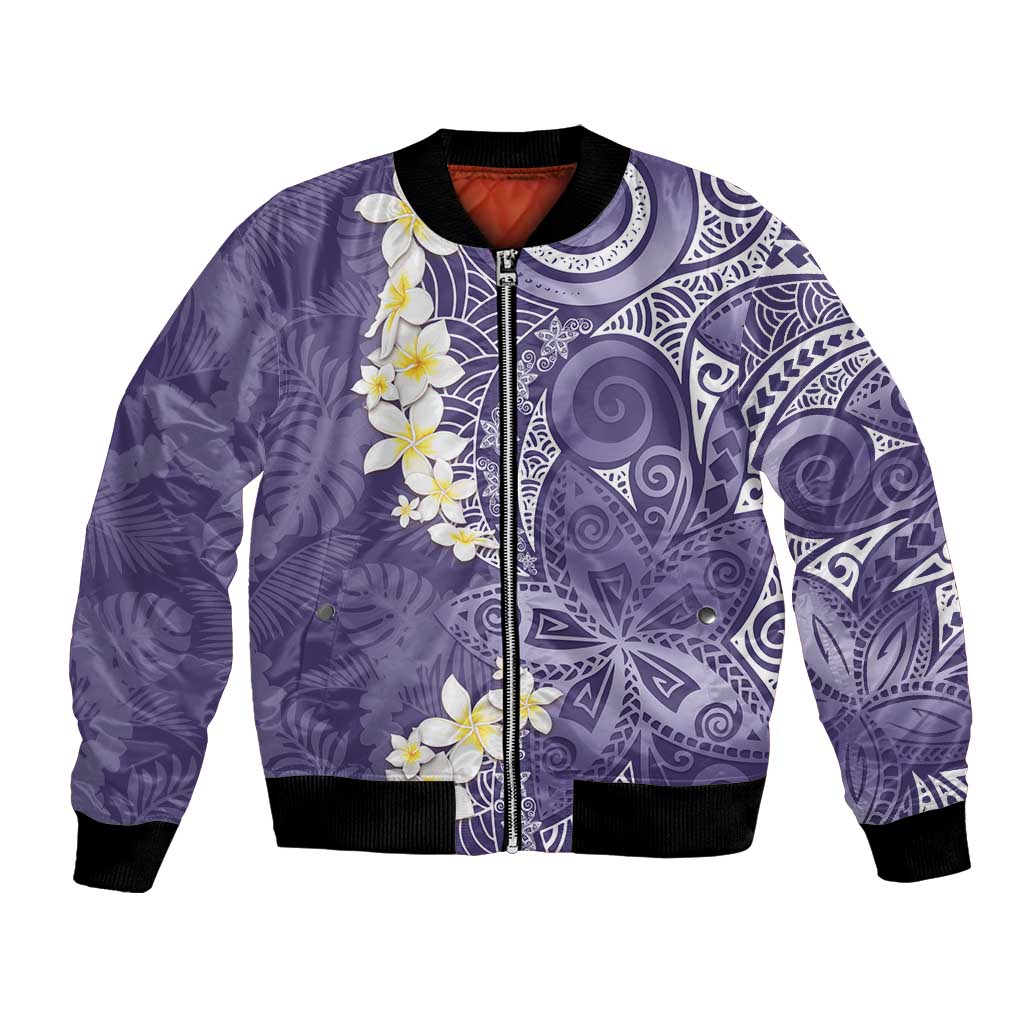 Violet Polynesian Tribal Frangipani Tropical Vibe Bomber Jacket