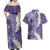 Violet Polynesian Tribal Frangipani Tropical Vibe Couples Matching Off Shoulder Maxi Dress and Hawaiian Shirt LT14 - Polynesian Pride