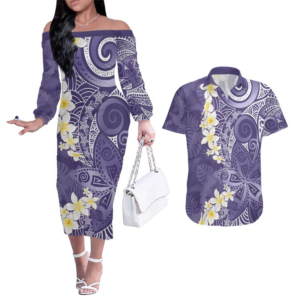 Violet Polynesian Tribal Frangipani Tropical Vibe Couples Matching Off The Shoulder Long Sleeve Dress and Hawaiian Shirt LT14 Violet - Polynesian Pride