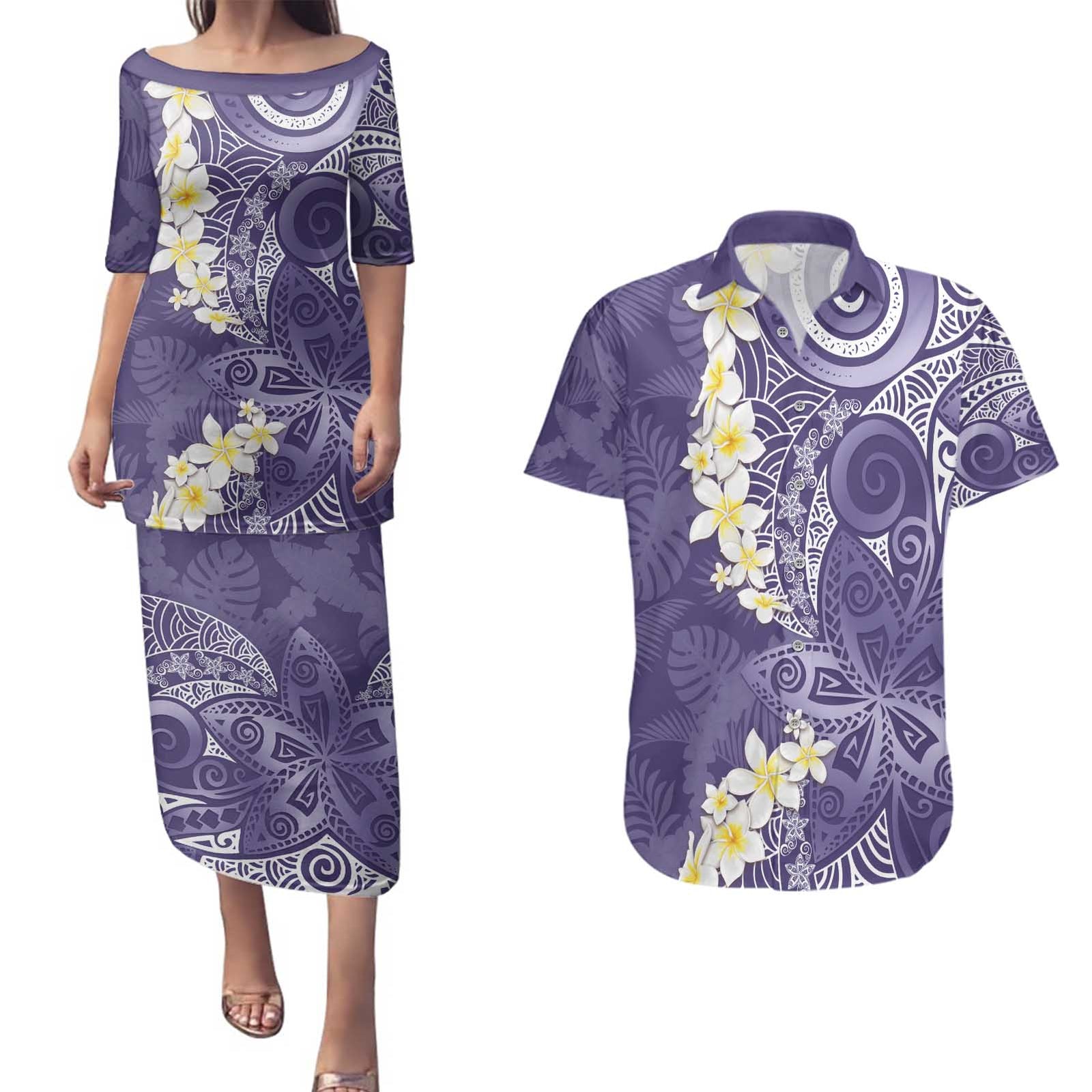 Violet Polynesian Tribal Frangipani Tropical Vibe Couples Matching Puletasi and Hawaiian Shirt LT14 Violet - Polynesian Pride