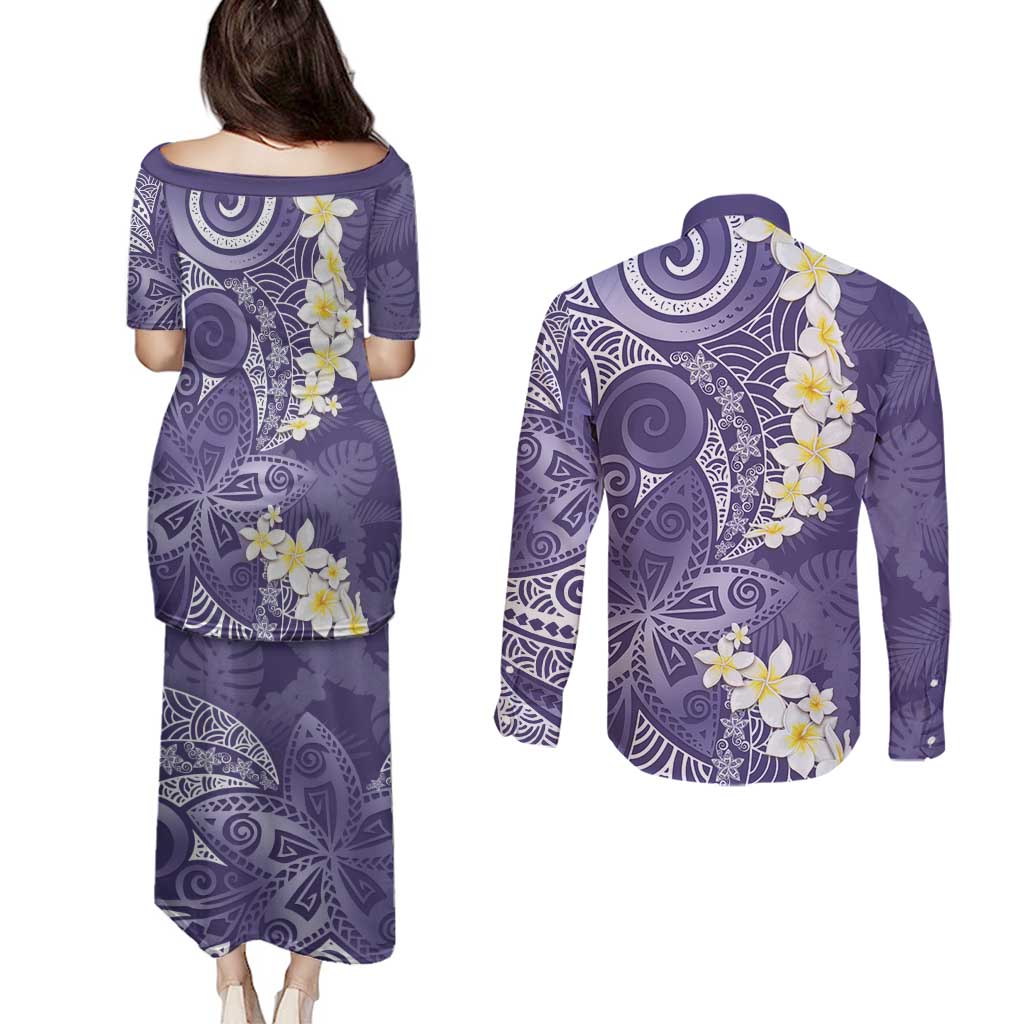 Violet Polynesian Tribal Frangipani Tropical Vibe Couples Matching Puletasi and Long Sleeve Button Shirt LT14 - Polynesian Pride
