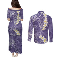 Violet Polynesian Tribal Frangipani Tropical Vibe Couples Matching Puletasi and Long Sleeve Button Shirt LT14 - Polynesian Pride