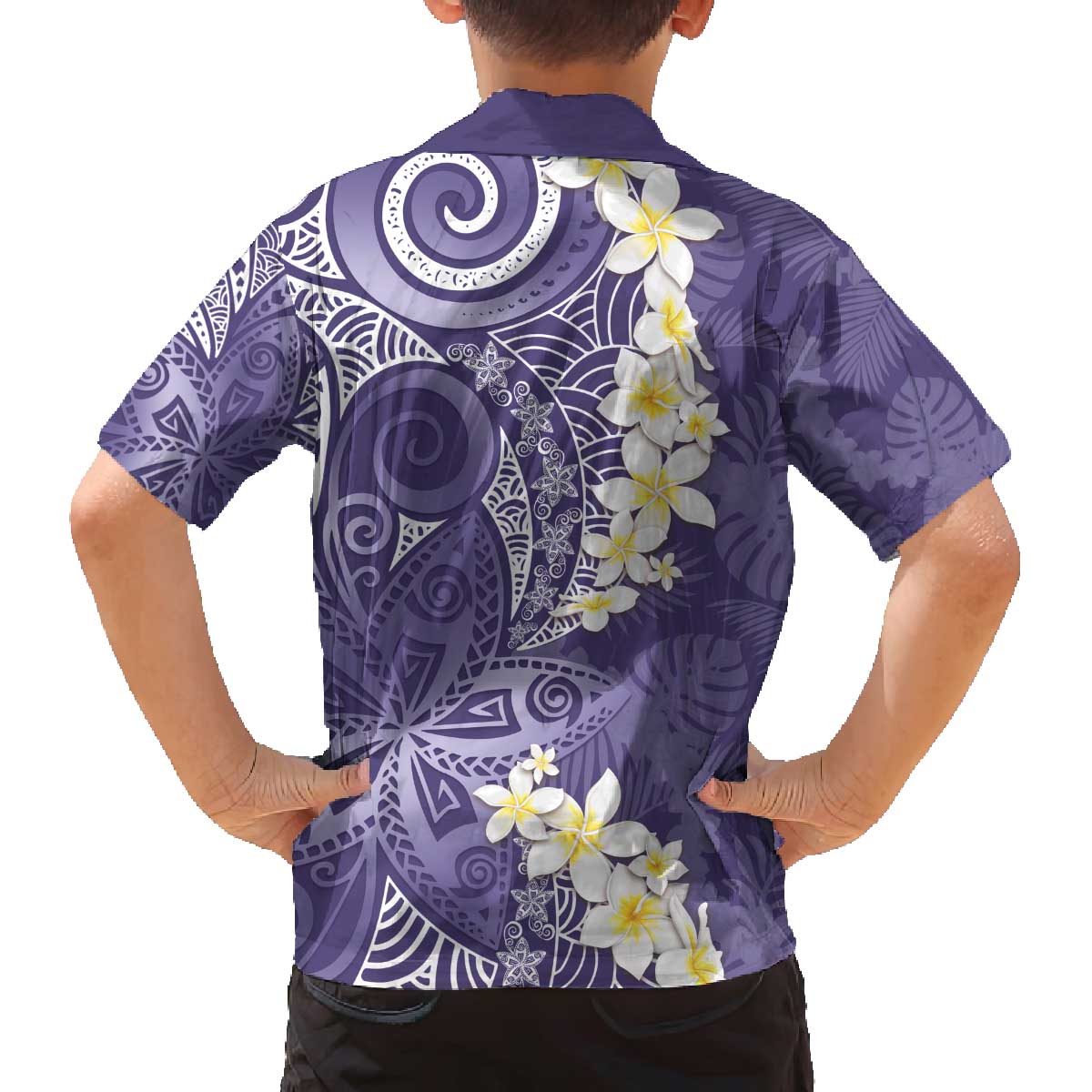 Violet Polynesian Tribal Frangipani Tropical Vibe Family Matching Off The Shoulder Long Sleeve Dress and Hawaiian Shirt