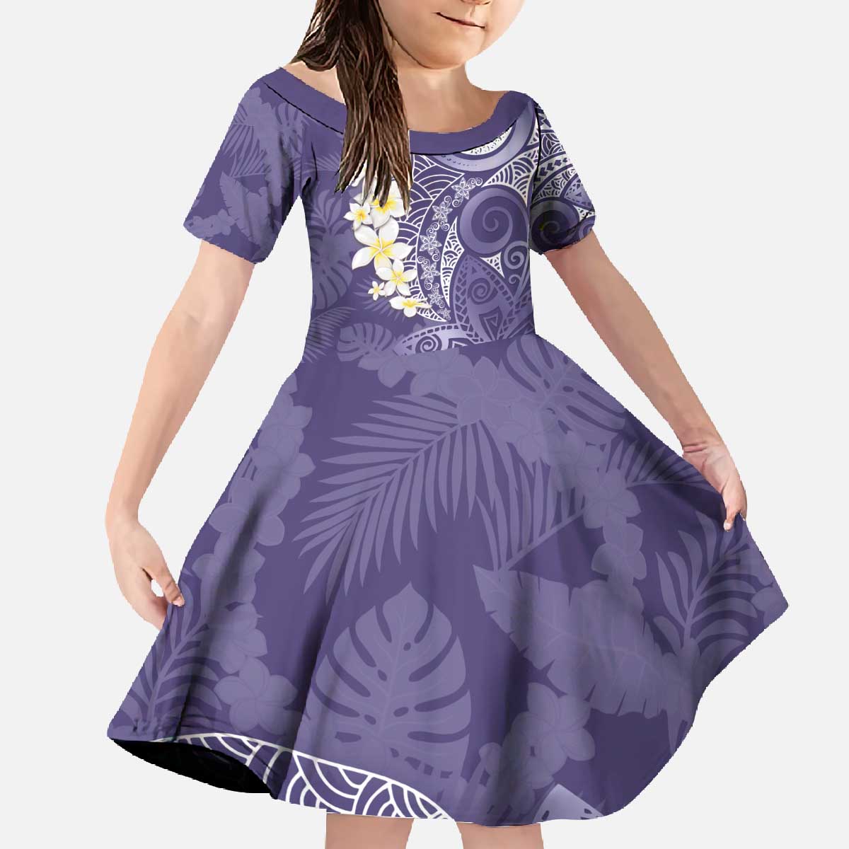 Violet Polynesian Tribal Frangipani Tropical Vibe Family Matching Off The Shoulder Long Sleeve Dress and Hawaiian Shirt