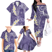 Violet Polynesian Tribal Frangipani Tropical Vibe Family Matching Off The Shoulder Long Sleeve Dress and Hawaiian Shirt
