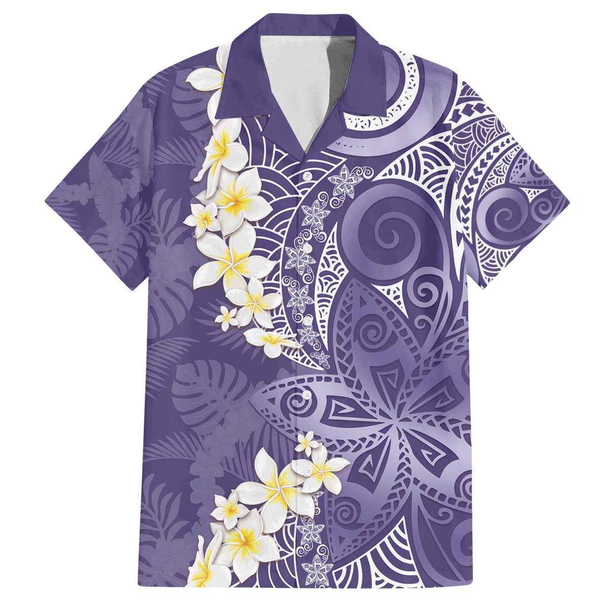 Violet Polynesian Tribal Frangipani Tropical Vibe Family Matching Off The Shoulder Long Sleeve Dress and Hawaiian Shirt