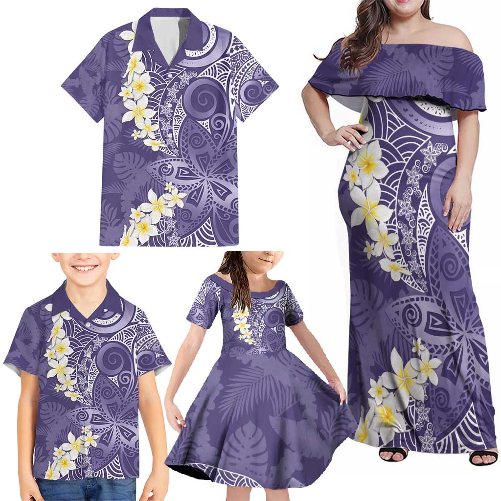 Violet Polynesian Tribal Frangipani Tropical Vibe Family Matching Off Shoulder Maxi Dress and Hawaiian Shirt