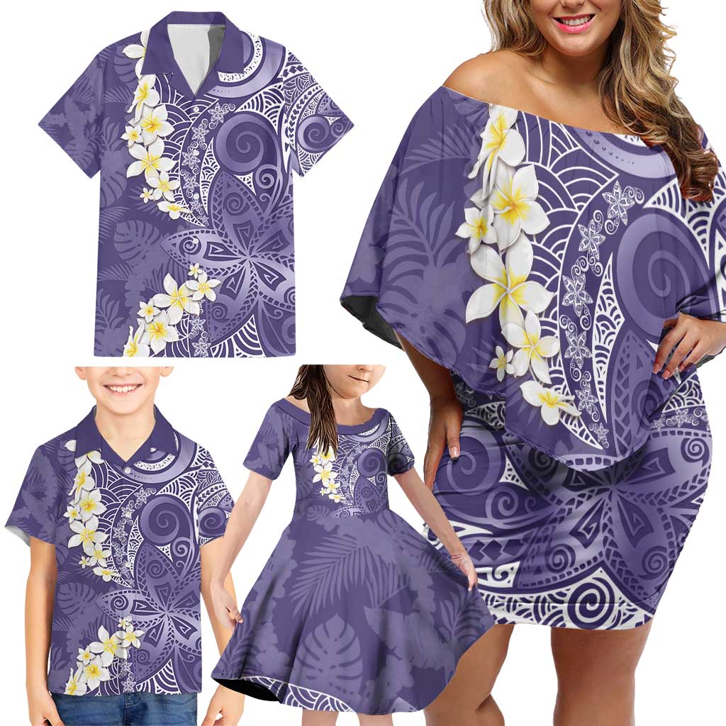 Violet Polynesian Tribal Frangipani Tropical Vibe Family Matching Off Shoulder Short Dress and Hawaiian Shirt