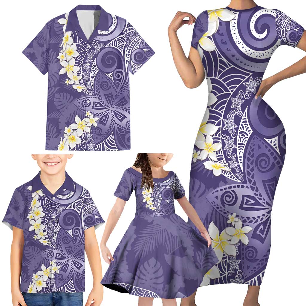 Violet Polynesian Tribal Frangipani Tropical Vibe Family Matching Short Sleeve Bodycon Dress and Hawaiian Shirt