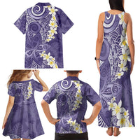 Violet Polynesian Tribal Frangipani Tropical Vibe Family Matching Tank Maxi Dress and Hawaiian Shirt