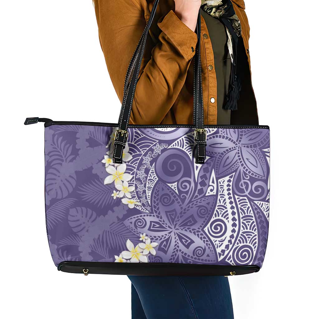 Violet Polynesian Tribal Frangipani Tropical Vibe Leather Tote Bag LT14 - Polynesian Pride