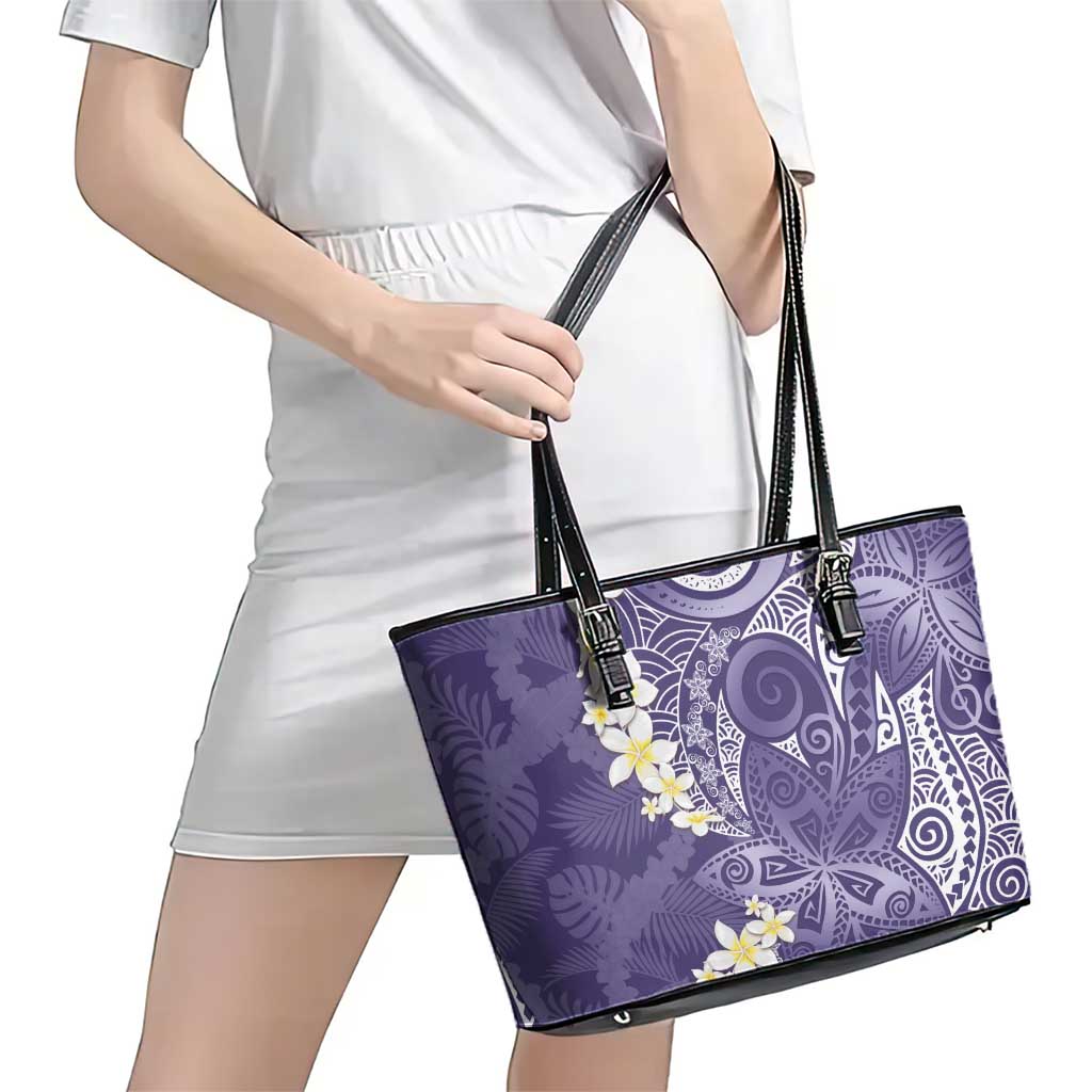 Violet Polynesian Tribal Frangipani Tropical Vibe Leather Tote Bag LT14 - Polynesian Pride