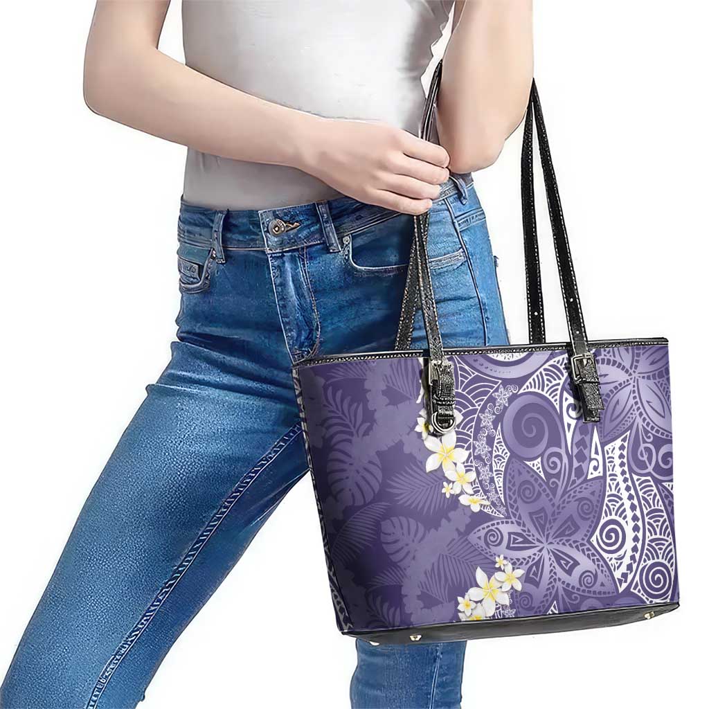 Violet Polynesian Tribal Frangipani Tropical Vibe Leather Tote Bag LT14 - Polynesian Pride
