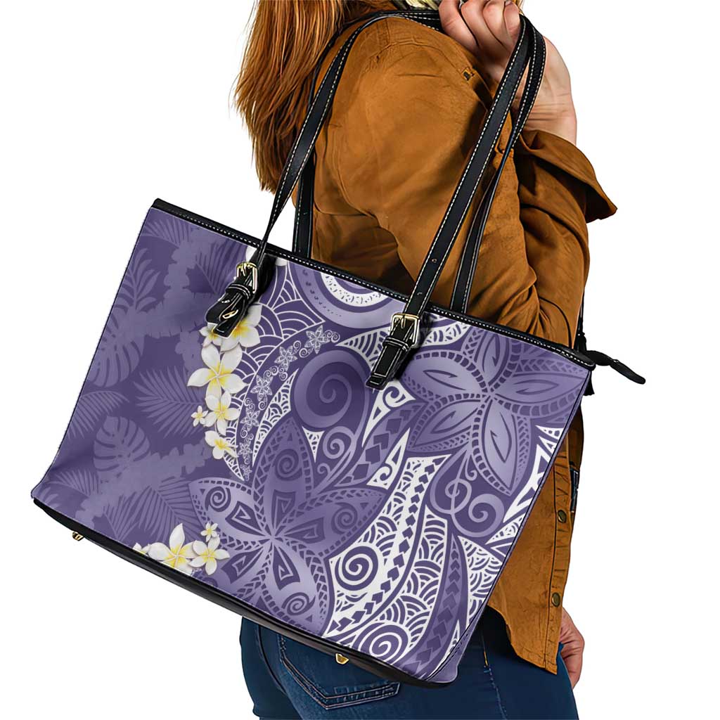 Violet Polynesian Tribal Frangipani Tropical Vibe Leather Tote Bag LT14 - Polynesian Pride
