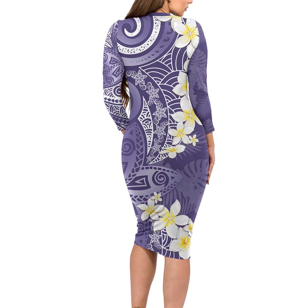 Violet Polynesian Tribal Frangipani Tropical Vibe Long Sleeve Bodycon Dress