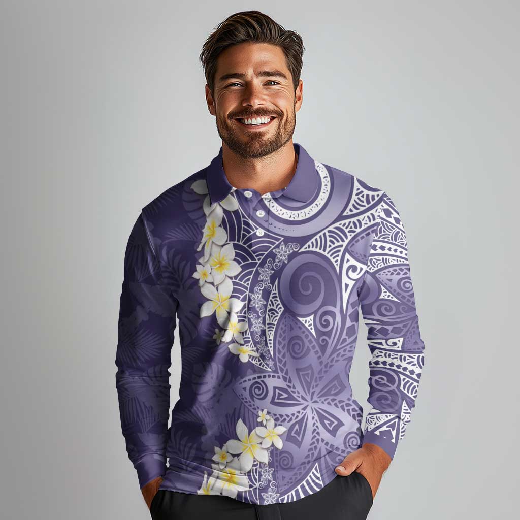 Violet Polynesian Tribal Frangipani Tropical Vibe Long Sleeve Polo Shirt LT14 - Polynesian Pride