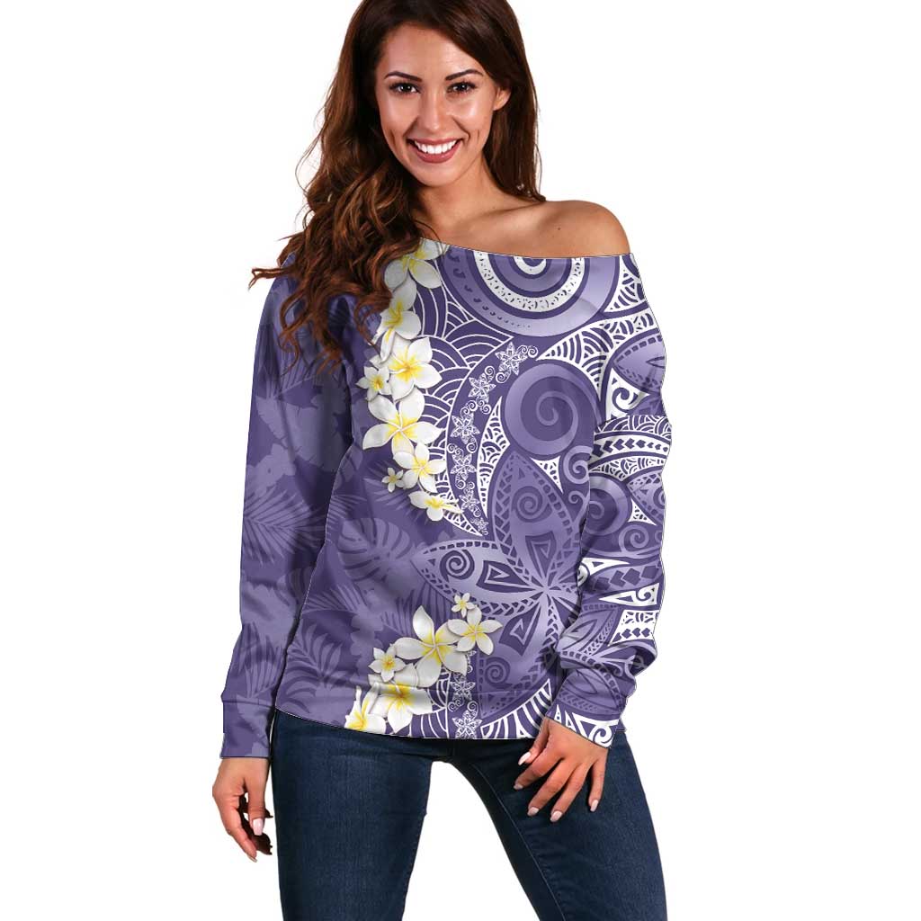 Violet Polynesian Tribal Frangipani Tropical Vibe Off Shoulder Sweater