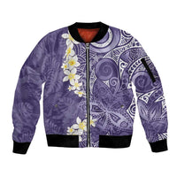 Violet Polynesian Tribal Frangipani Tropical Vibe Sleeve Zip Bomber Jacket