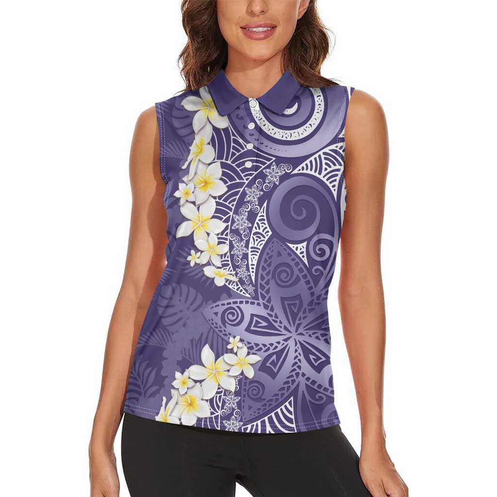 Violet Polynesian Tribal Frangipani Tropical Vibe Women Sleeveless Polo Shirt