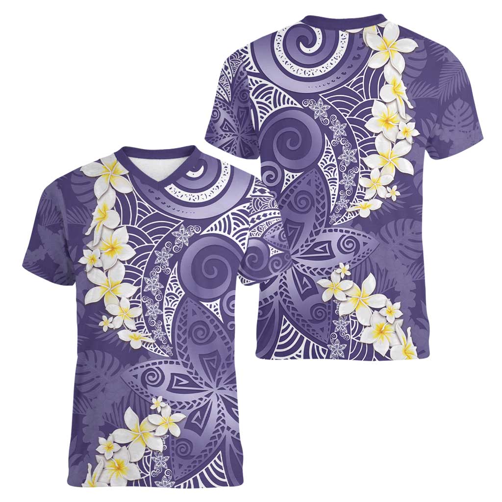 Violet Polynesian Tribal Frangipani Tropical Vibe Women V-Neck T-Shirt LT14 - Polynesian Pride