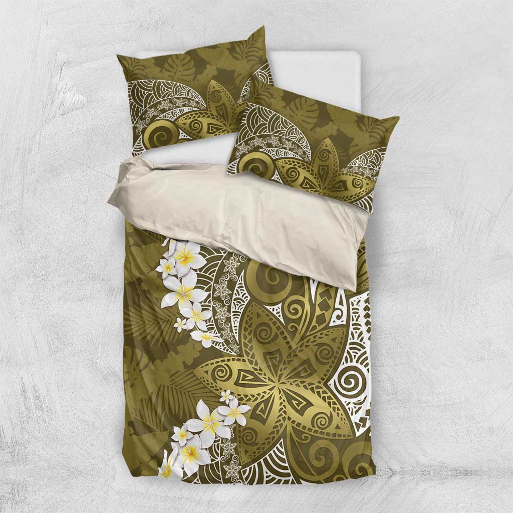 Gold Polynesian Tribal Frangipani Tropical Vibe Bedding Set
