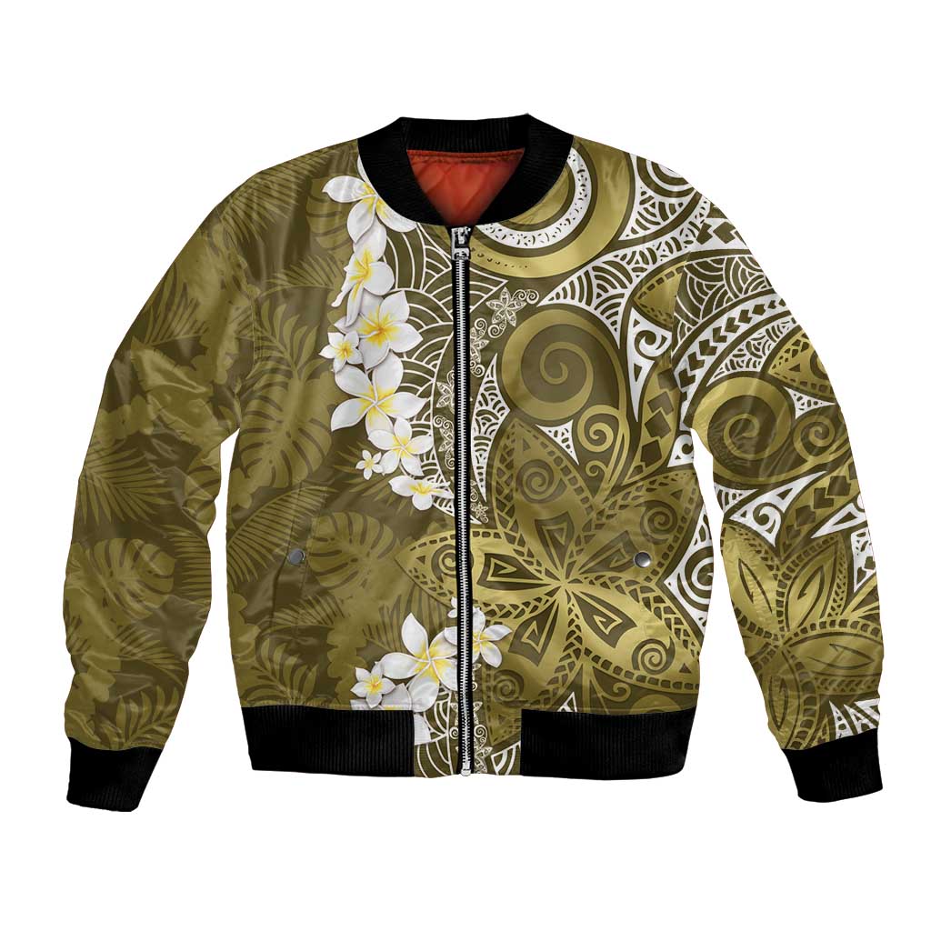 Gold Polynesian Tribal Frangipani Tropical Vibe Bomber Jacket