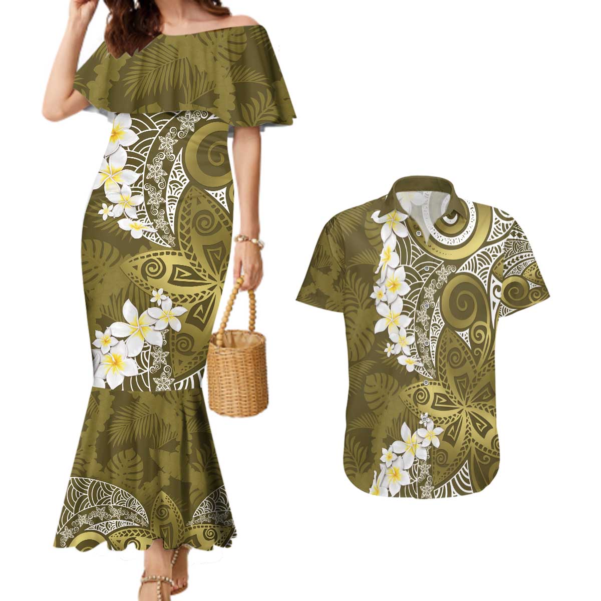 Gold Polynesian Tribal Frangipani Tropical Vibe Couples Matching Mermaid Dress and Hawaiian Shirt