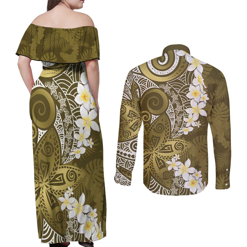 Gold Polynesian Tribal Frangipani Tropical Vibe Couples Matching Off Shoulder Maxi Dress and Long Sleeve Button Shirt