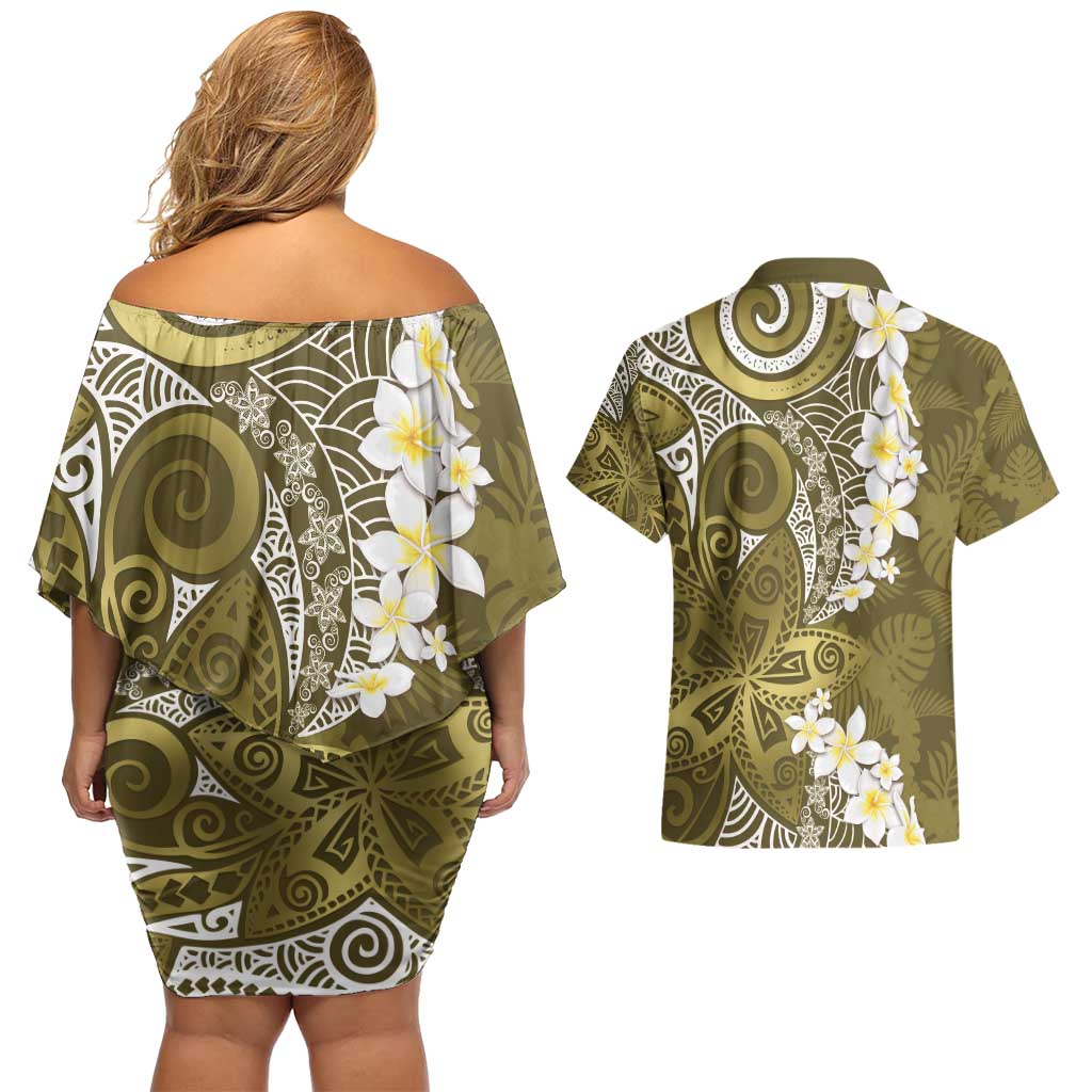 Gold Polynesian Tribal Frangipani Tropical Vibe Couples Matching Off Shoulder Short Dress and Hawaiian Shirt LT14 - Polynesian Pride