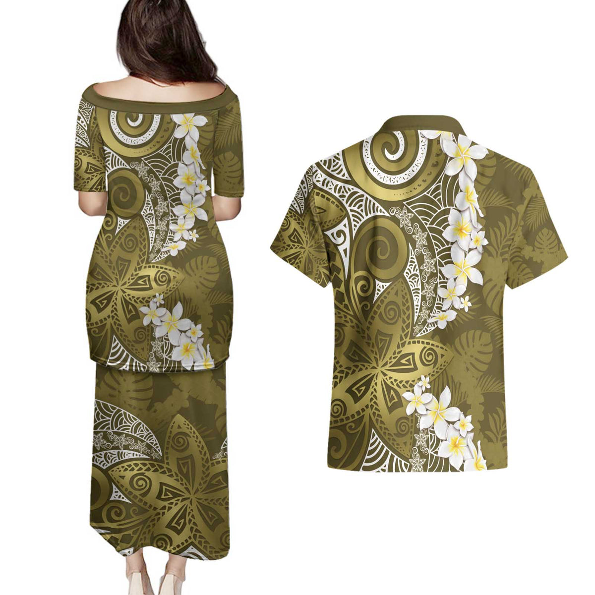 Gold Polynesian Tribal Frangipani Tropical Vibe Couples Matching Puletasi and Hawaiian Shirt