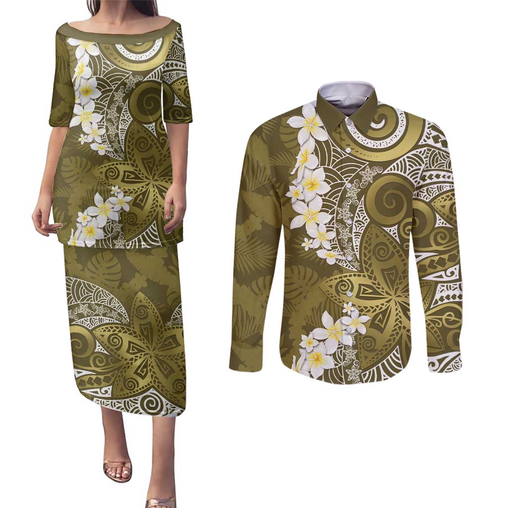 Gold Polynesian Tribal Frangipani Tropical Vibe Couples Matching Puletasi and Long Sleeve Button Shirt LT14 Gold - Polynesian Pride
