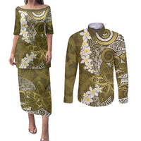 Gold Polynesian Tribal Frangipani Tropical Vibe Couples Matching Puletasi and Long Sleeve Button Shirt LT14 Gold - Polynesian Pride